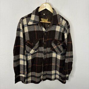 Vintage Lucerne Men M 70s‎ Plaid Shacket Button Shirt Brown Wool Linen